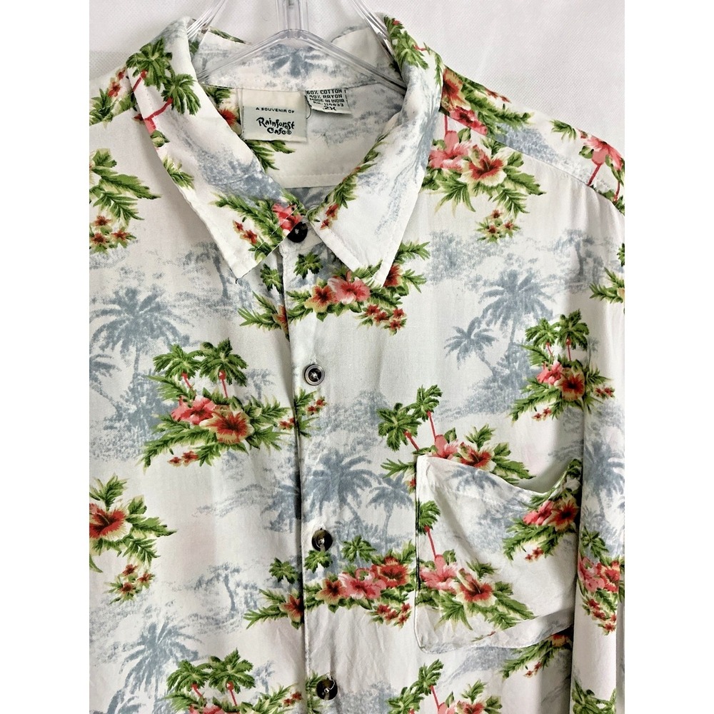 Rainforest Cafe Shirt Mens 2X Pink Green Palm Tree Hawaiian Button Up Aloha